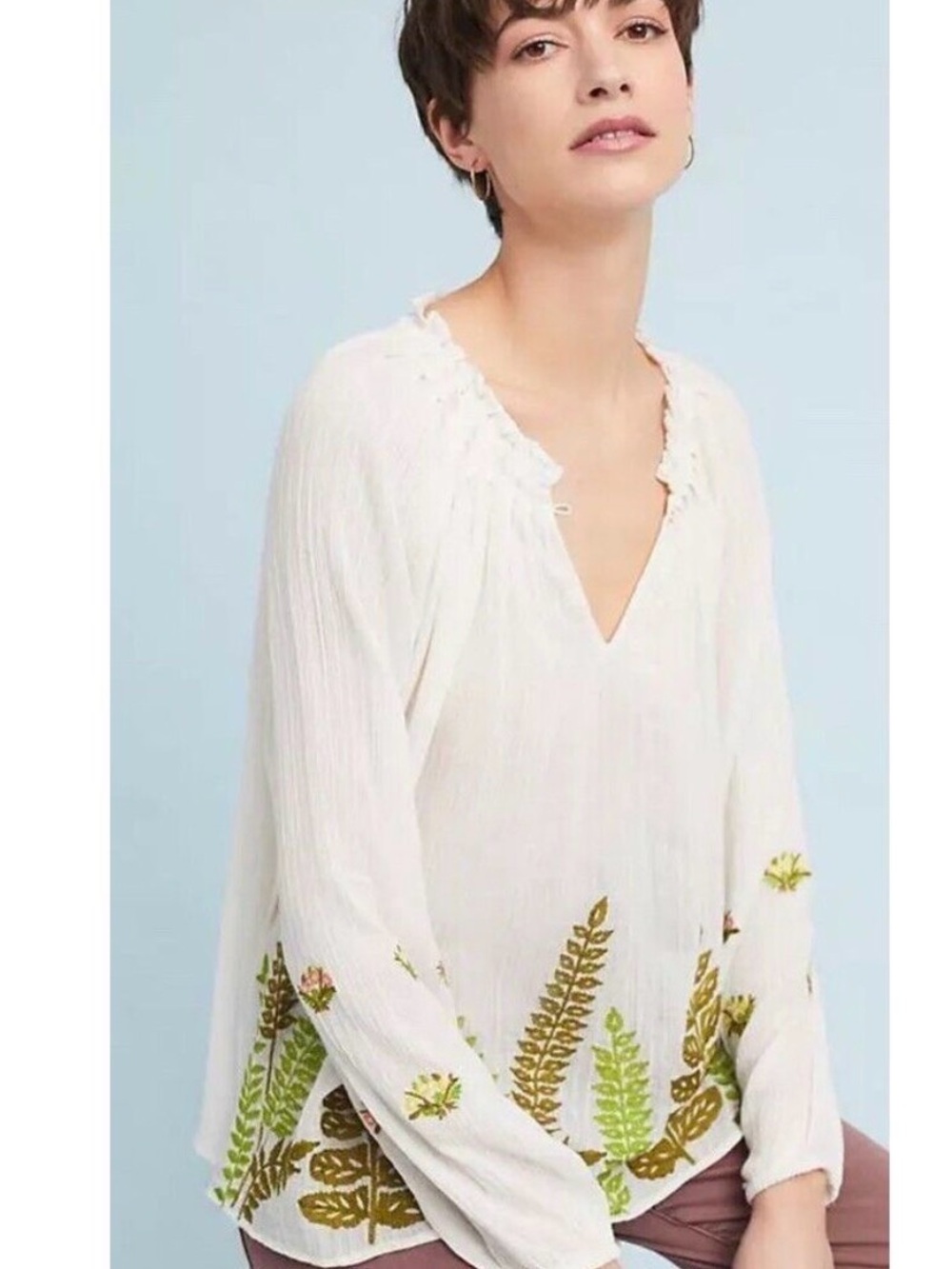 Anthropologie Ranna Gill Fern Botanical Embroidered Blouse
